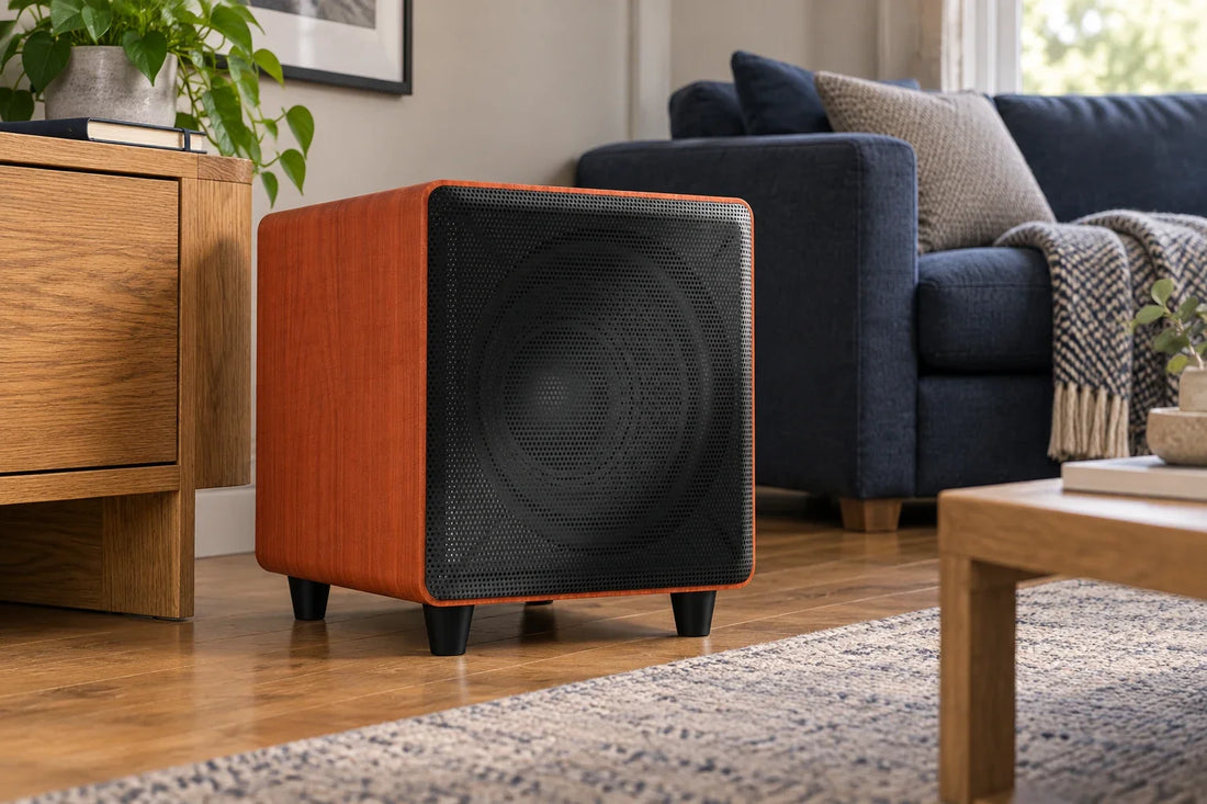 Illustrative living-room scene with the CCF 10-inch Maple active subwoofer beside a media console