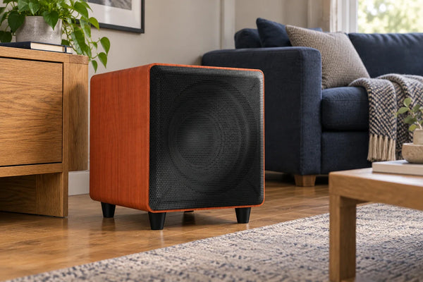 Illustrative living-room scene with the CCF 10-inch Maple active subwoofer beside a media console
