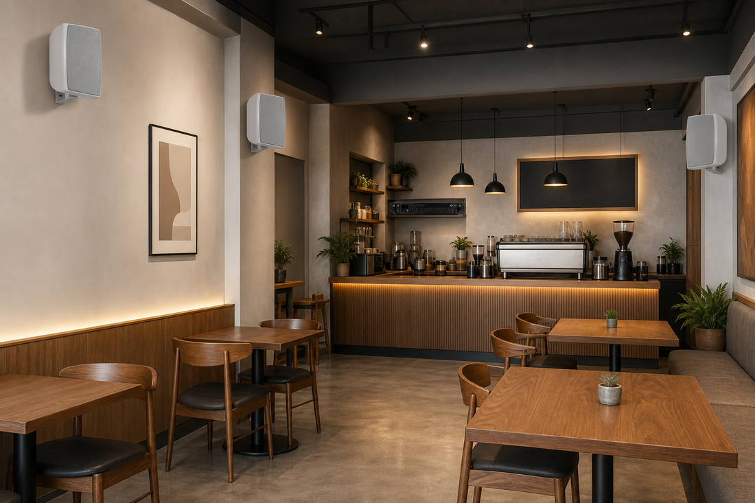 CCF cafe sound system with wall mounted PA speakers in Malaysia