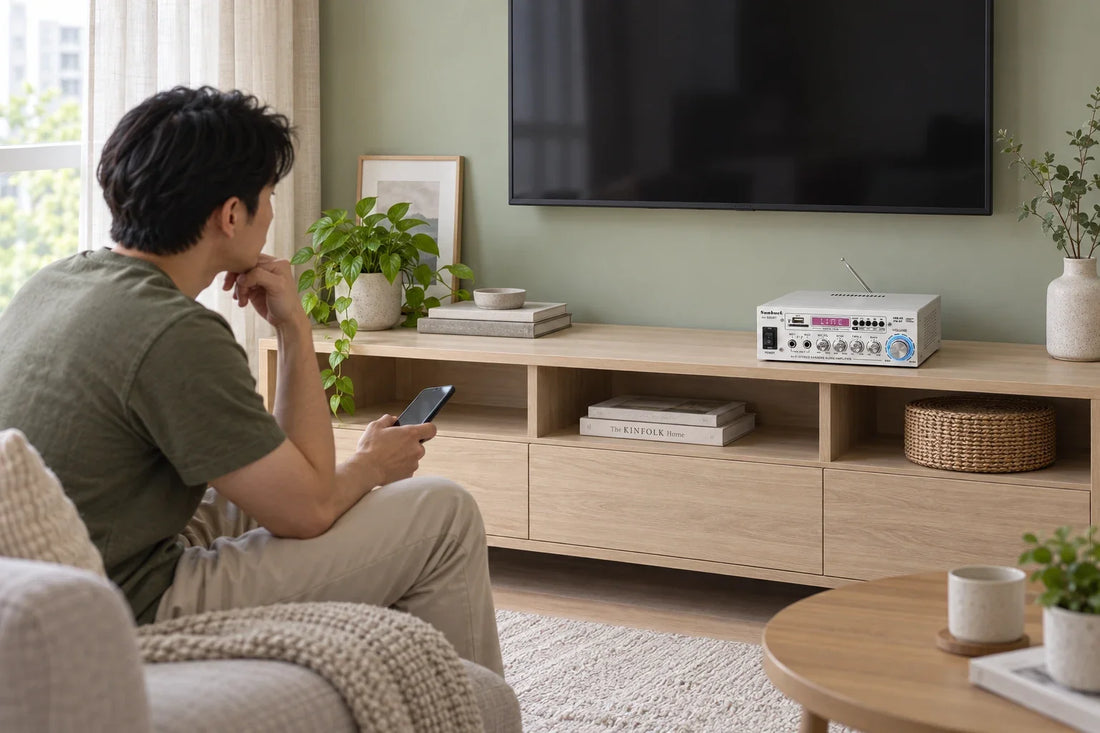 Illustrative home media corner showing a compact white 660BT amplifier at realistic scale on an open oak console