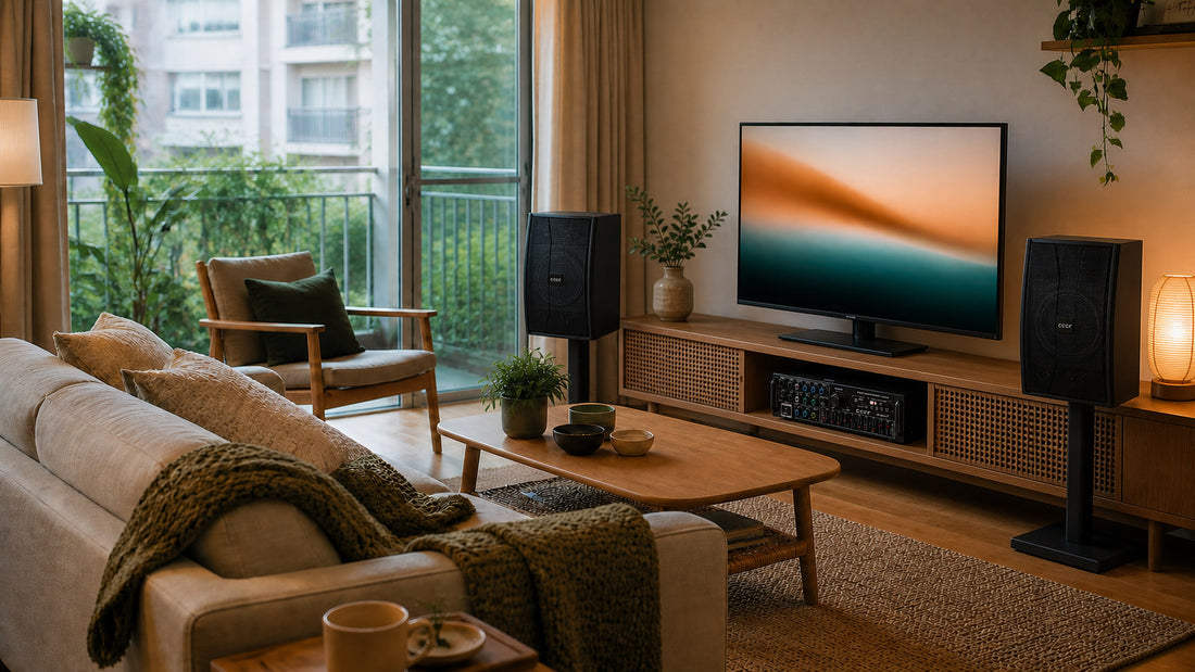 Natural home karaoke living room with a current CCF amplifier and passive speaker pair