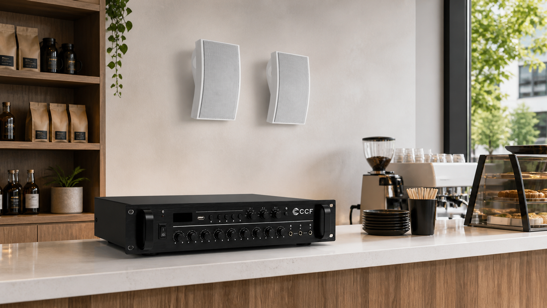 CCF Audio PA amplifier and wall speakers for a 70V/100V shop audio system