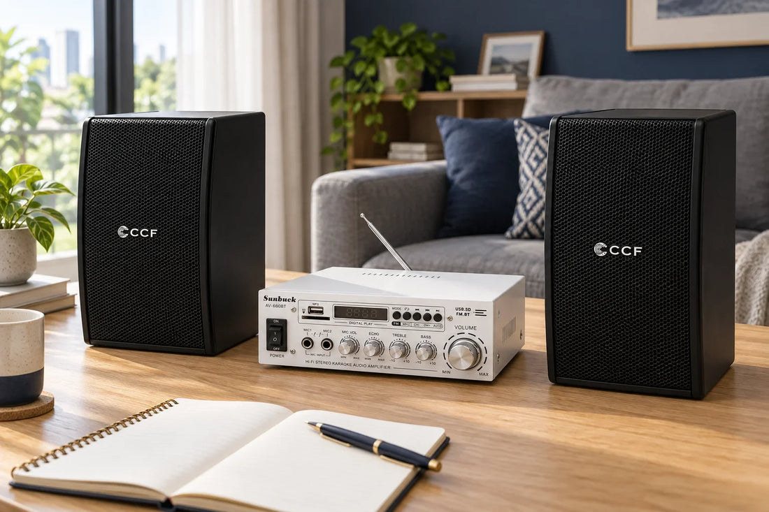 Illustrative equipment check with a white CCF 660BT amplifier and two black CCF passive speakers on an oak table