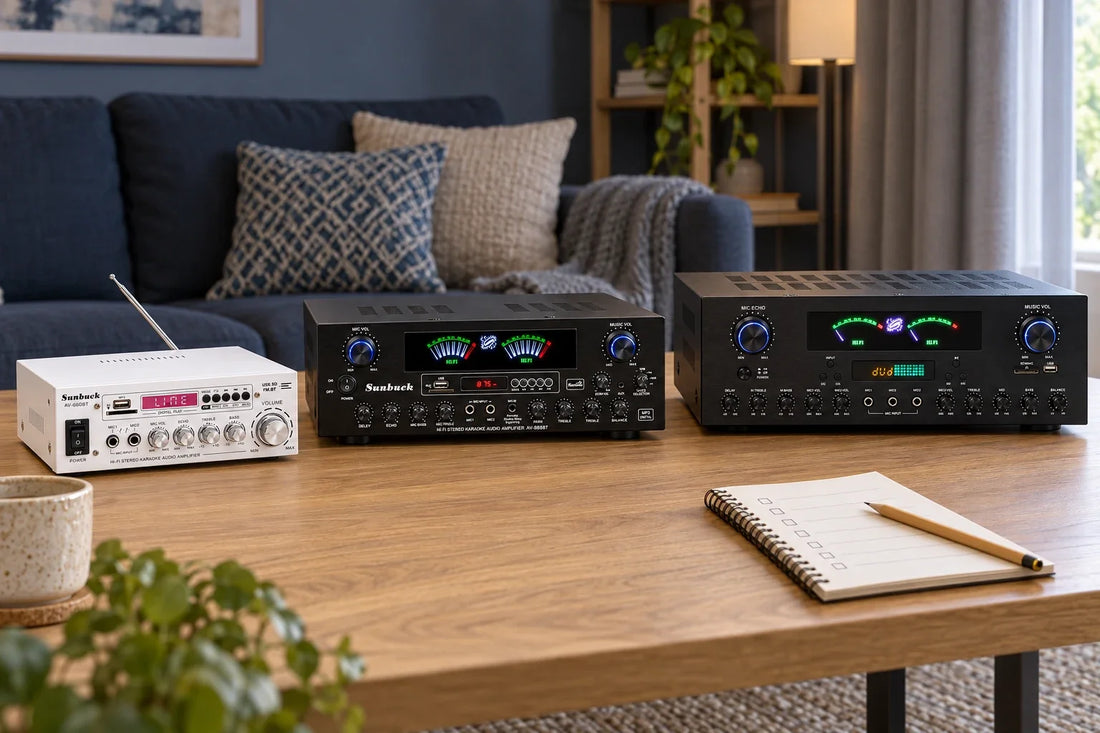 Illustrative buying-comparison scene with CCF 660BT White, 5.1 Lite and 7 Channel Standard amplifiers on an oak table