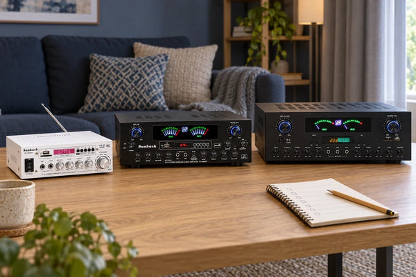 Illustrative buying-comparison scene with CCF 660BT White, 5.1 Lite and 7 Channel Standard amplifiers on an oak table