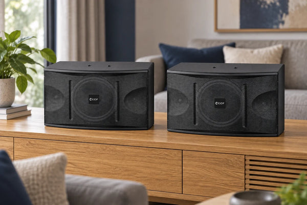 Illustrative living-room scene with two matching CCF passive speakers on an oak console