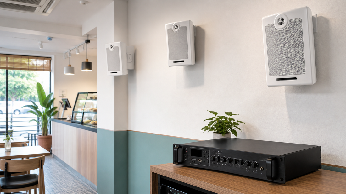 CCF PA amplifier with wall mounted speakers in a cafe