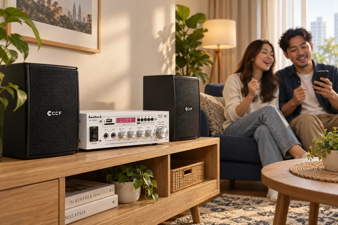 Illustrative living-room music scene with a white CCF 660BT amplifier and black CCF passive speakers