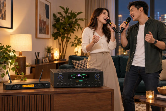 Illustrative home karaoke duet with CCF Standard wireless microphones and a 7 Channel Standard amplifier